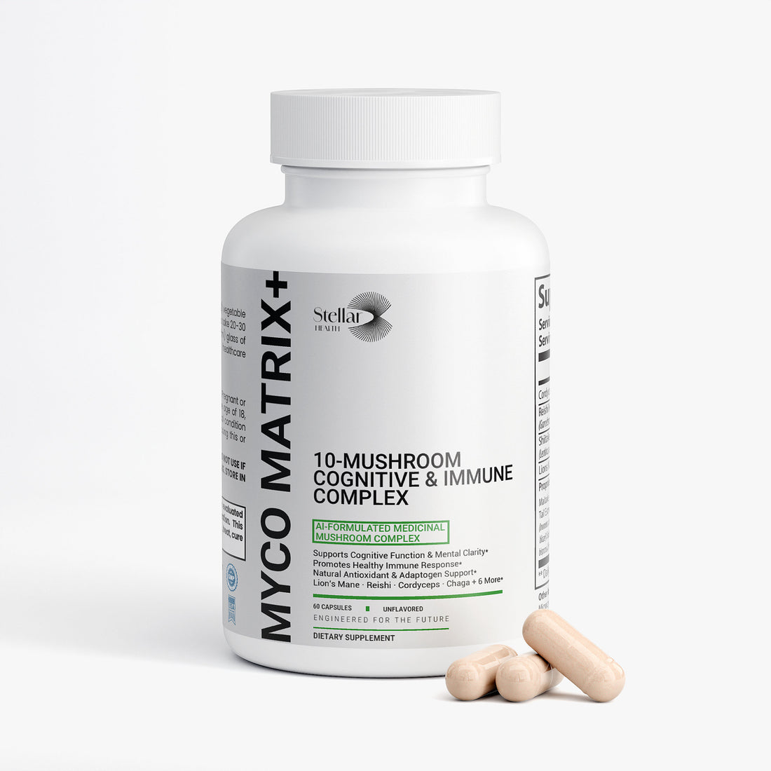 10-Mushroom Blend supplement bottle — 60 vegetable capsules — Stellar Health Labs.
