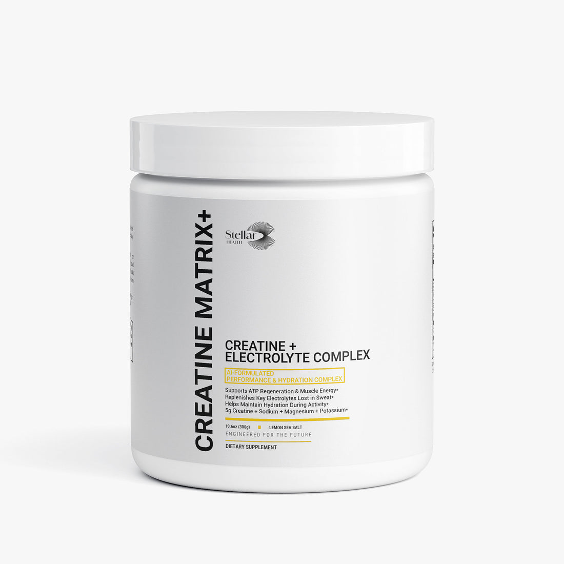 Stellar Health Labs Creatine + Electrolytes Lemon Sea Salt powder tub — 30 servings — 5 g creatine monohydrate plus electrolytes per scoop.