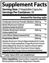 10-Mushroom Blend — Supplement Facts panel listing cordyceps, reishi, shiitake, lion's mane and a supporting mushroom blend.
