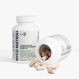 10-Mushroom Blend — two bottles with beige vegetable capsules spilling from one.