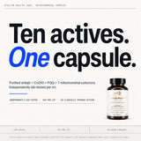Shilajit Matrix+ — 'ten actives, one capsule' graphic listing purified shilajit, CoQ10, PQQ and cofactors, with the product bottle.