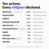 Shilajit Matrix+ — ingredient panel disclosing each active and dose: shilajit 500 mg, CoQ10 200 mg, urolithin A 250 mg and more.